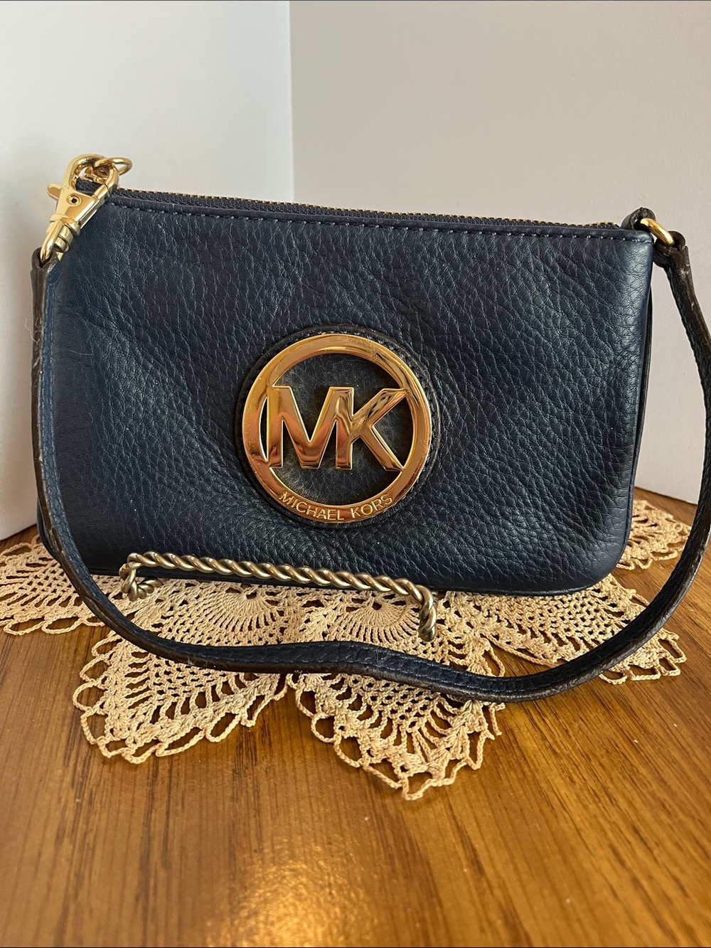 Michael Kors Navy Leather Wristlet with Gold MK Emblem